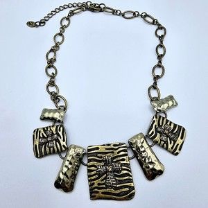 CG Necklace Cross Charm Box Brass Animal Print Modernist Statement Religious